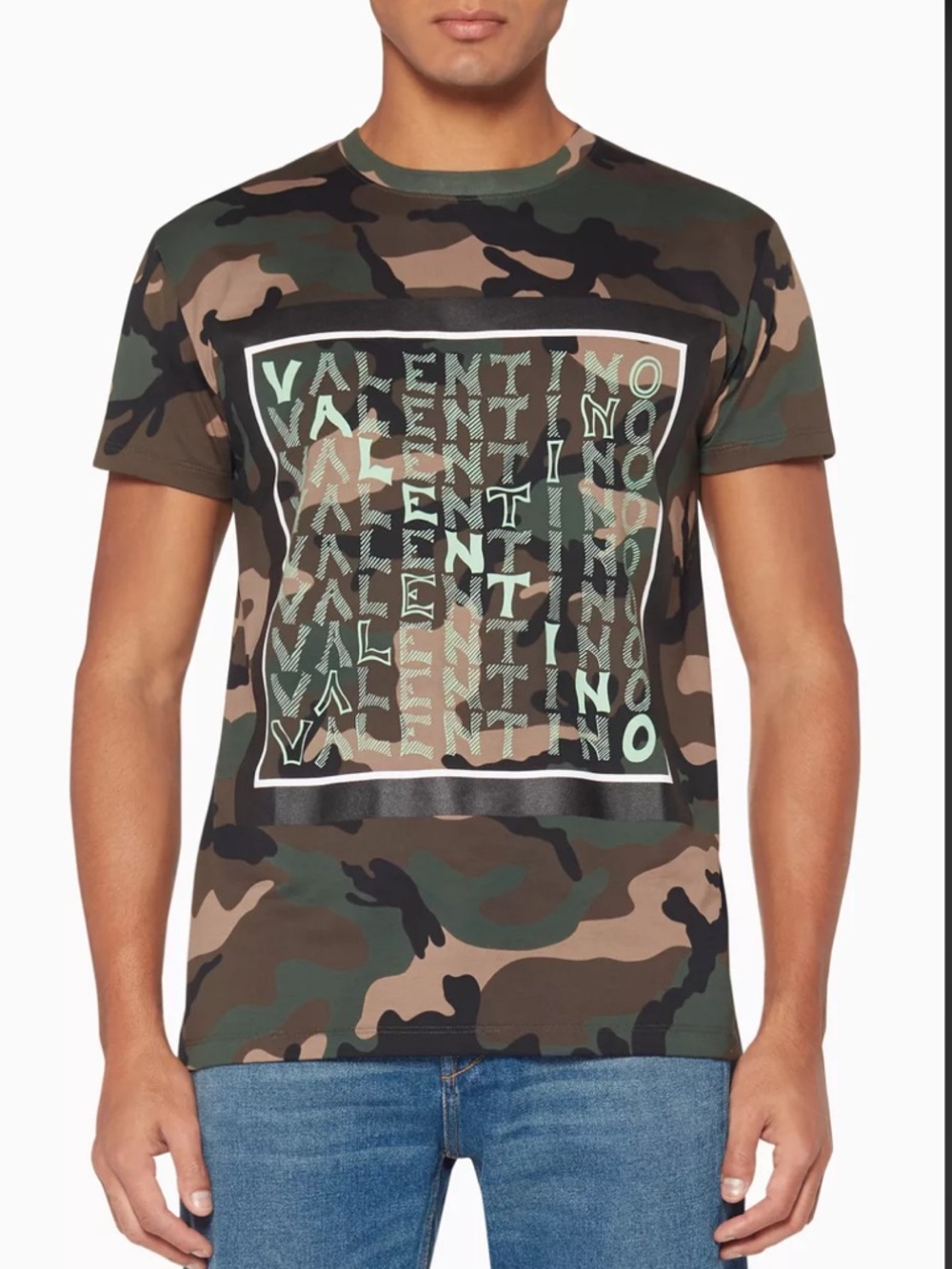Valentino Dark-Green Camouflage Logo Print T-Shirt Made in Italy Medium